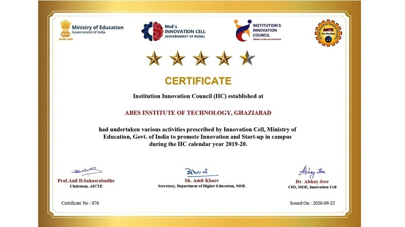 ABESIT Achieved Four point Five Star Rating By MHRD’s Innovation Cell