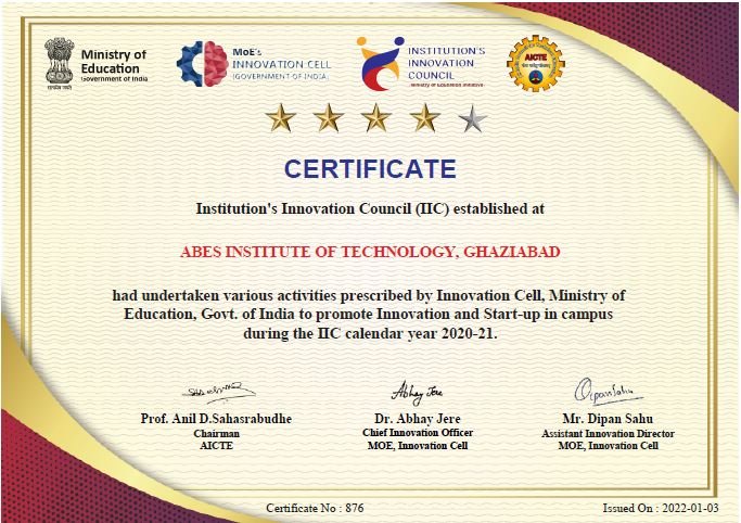 ABESIT Achieved Four Star Rating By MHRD’s Innovation Cell,Session 2020-21