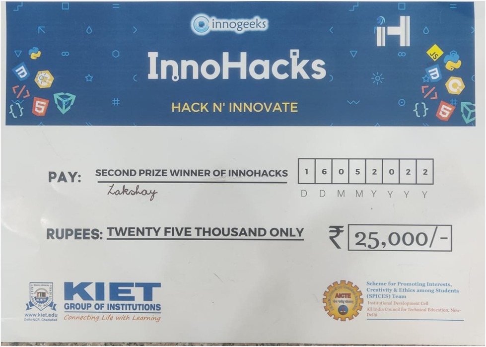 HACK N’ INNOVATE SECOND PRIZE WINNER WITH PRIZE MONEY ₹ 25,000