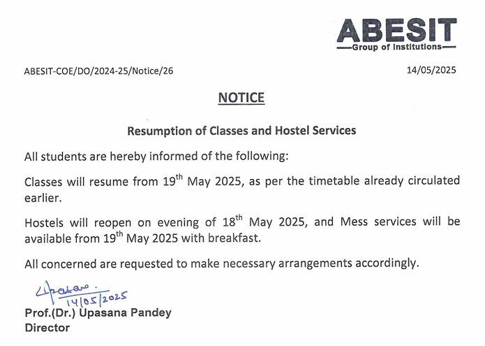 Resumption of Classes & Hostel Services