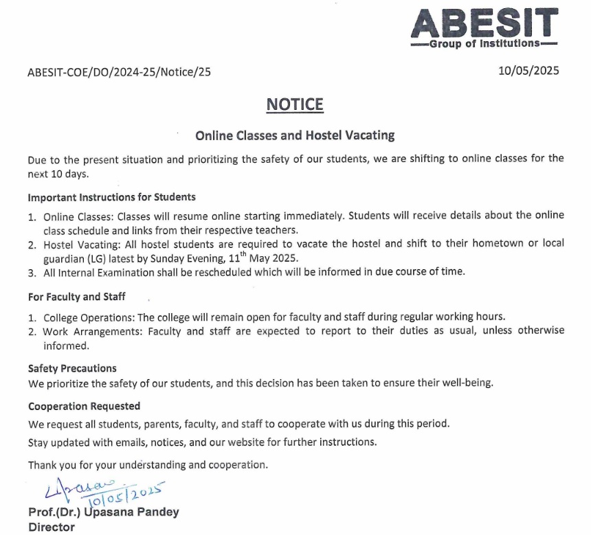 Notice (Online Classes and Hostel Vacating)