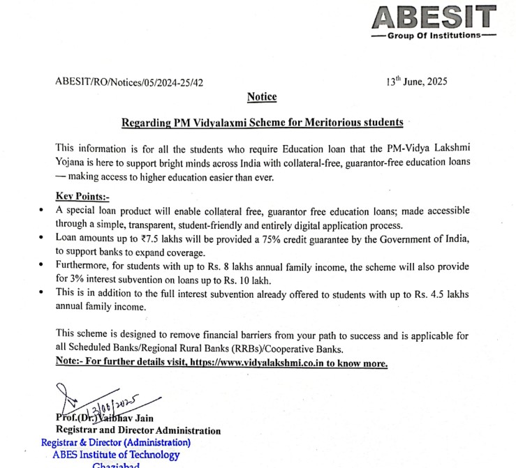 PM Vidyalaxmi Scheme for Meritorious Students
